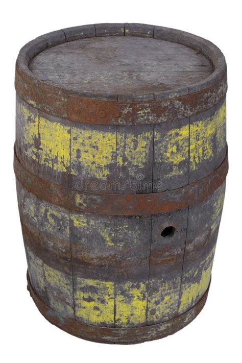 Old Rusty Wooden Barrel With Remnants Of Yellow Paint Stock Photo