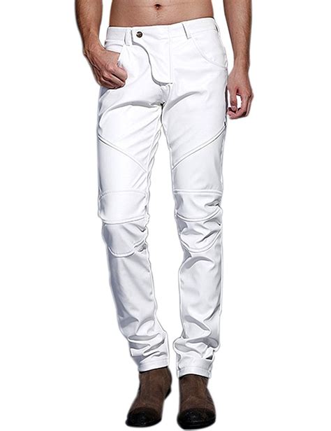 Men S Slim Fit Party Performance Biker Faux Leather Jeans Pants White