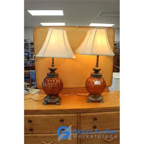 2 Vintage Amber Glass Table Lamps