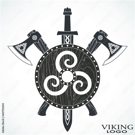 Viking Arms Set Shield Axe And Sword Heraldry Logo Design Stock Vector