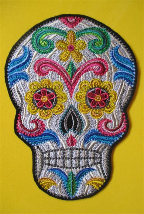 Large 7 X 5 Embroidered Sugar Skull Applique Patch Dia De Los Etsy