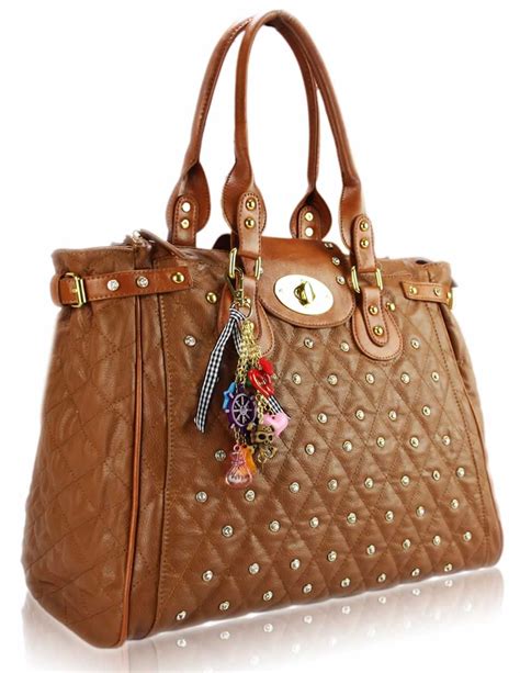 Wholesale Brown Dual Handle Tote Handbag With Crystal Decoration