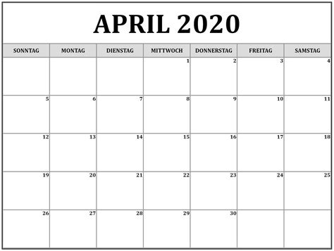 2020 April Druckbare Kalender Vorlage Zum Ausdrucken Pdf Druckbarer