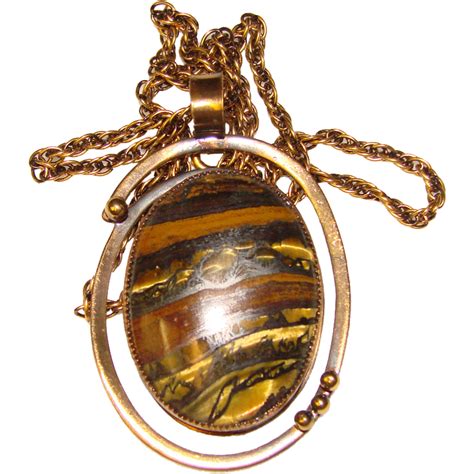 Fabulous Tiger Eye Vintage Natural Stone Pendant Necklace From