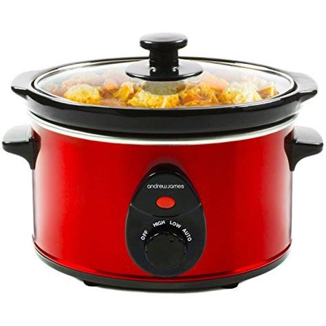 A Red Slow Cooker With Food In It