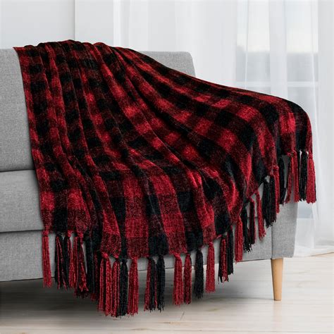 Pavilia Chenille Tassel Fringe Throw Blanket Velvety Texture Buffalo