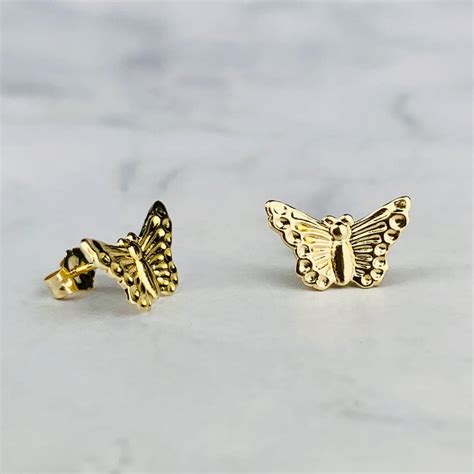 14K Solid Gold Butterfly Stud Earrings Etsy
