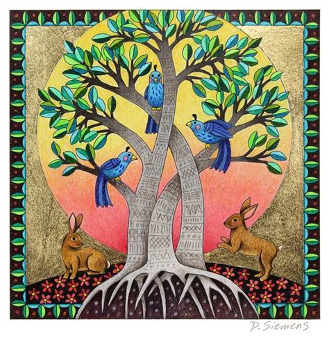 Tree Of Life Wall Art Bunnies Original Art Bird Artwork Trees Colorful Whimsical Drawing