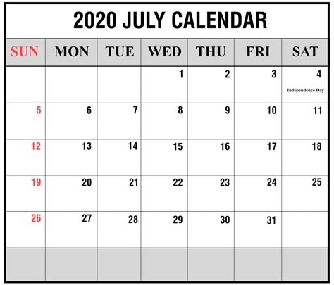 Free July Calendar 2020 Printable Template Pdf Word Excel