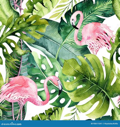 tropical isolated seamless pattern with flamingo watercolor tropic drawing rose bird and