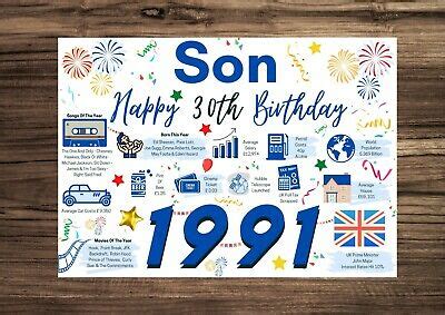 Great savings & free delivery / collection on many items. SON Happy 30th Birthday Card 1991 / Year of Birth Facts ...
