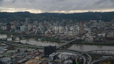 Downtown Portland Oregon Seen Across The Willamette River Aerial