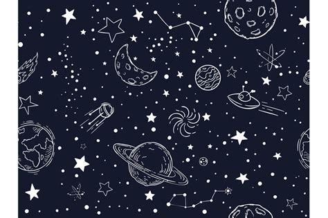 Seamless Night Sky Stars Pattern Sketch Moon Space Planets And Hand