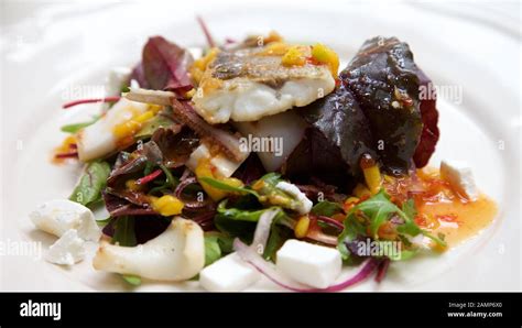A Restaurant Main Course Dish Of Sea Bass And Calamari With Mixed Salad Leaves And Feta Cheese