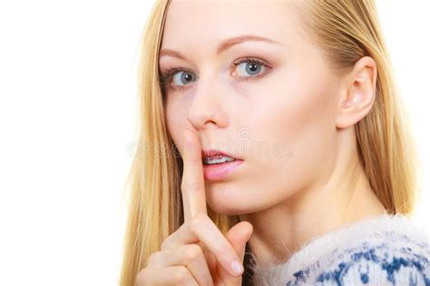 Young Blonde Woman Making Silence Gesture Stock Photo Image Of