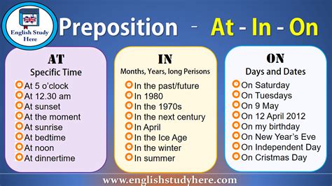 Preposition At In On English Study Here