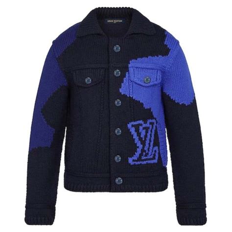 Louis Vuitton Lv Men Lv Intarsia Buttoned Jacket Denim Jacket Wool Blue