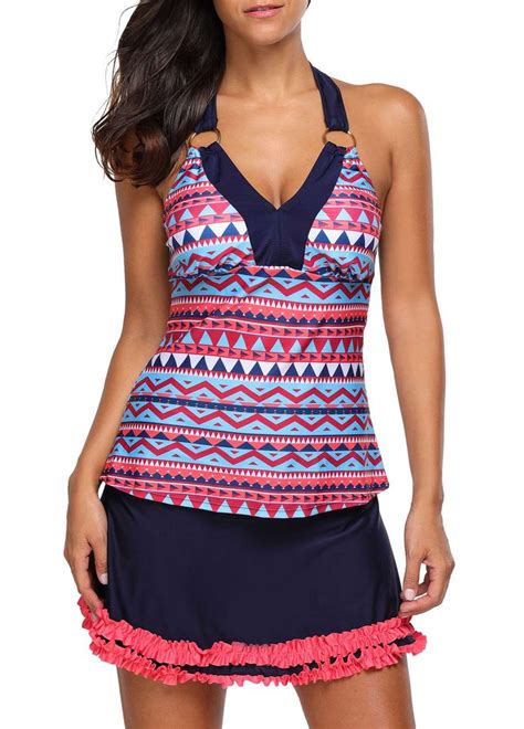 Layered Stringy Selvedge Halter Neck Printed Tankini Set On Sale Only