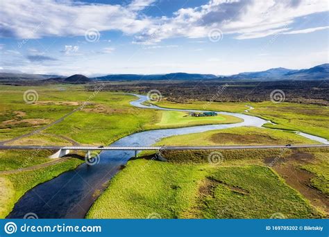 Iceland Aerial View On The Mountain Field Bridge And River