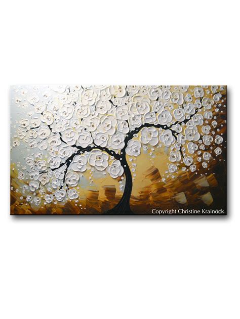 Original Art Abstract Painting White Flowering Cherry Tree Textured
