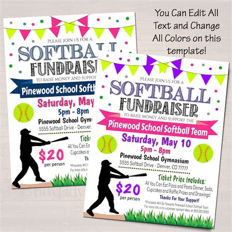 Editable Softball Fundraiser Flyer Printable Pta Pto Flyer Etsy