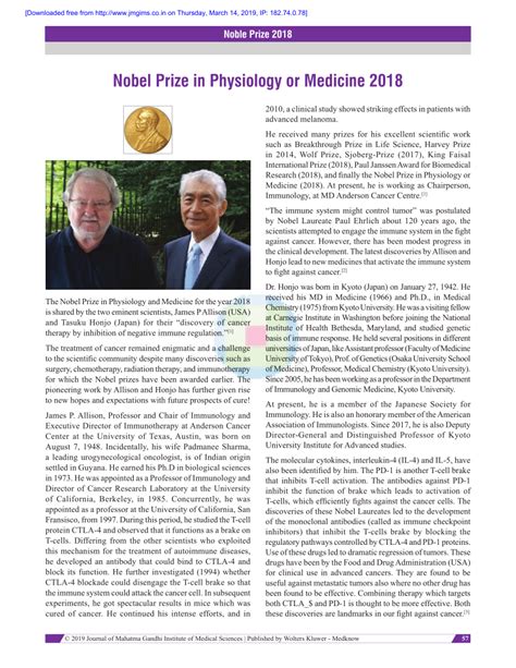 Pdf Nobel Prize In Physiology Or Medicine 2018
