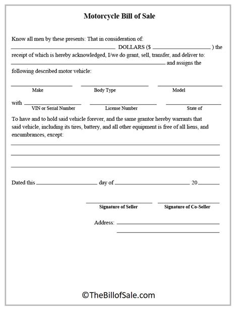 Motorcycle Bill Of Sale Form Template In Printable Pdf Format