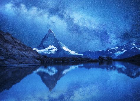 Mount Matterhorn Against A Starry Sky Landscape In Switzerland The