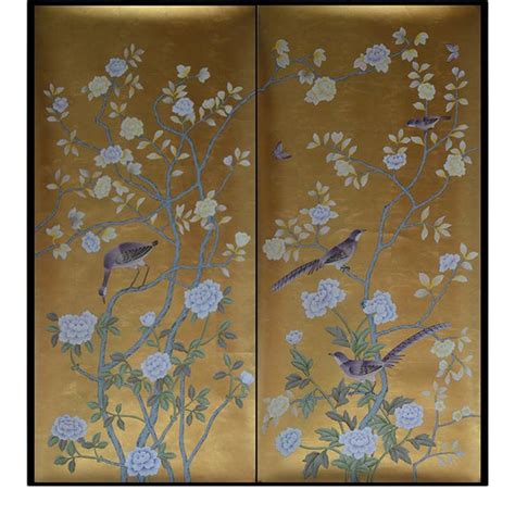 Chinoiserie Hand Painted Wallpaper Murals On Gold Metallic Panel 2