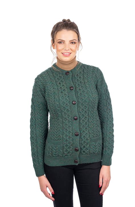 Saol Saol Irish Cardigan Sweater For Ladies 100 Merino Wool Aran Cable Knit Coat With Pockets