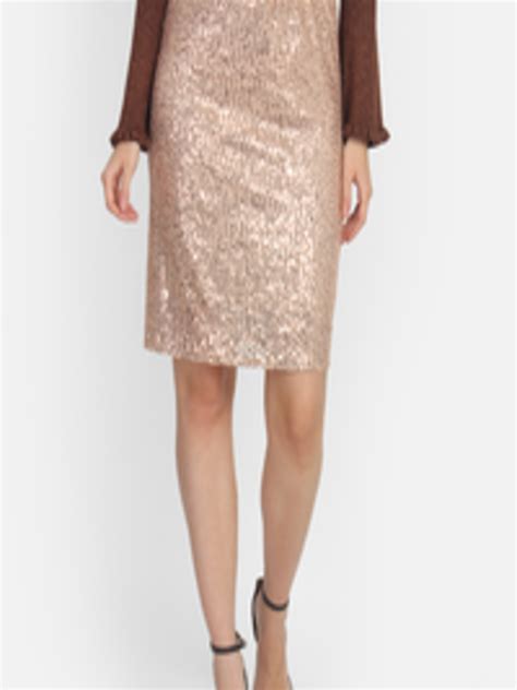 Buy Cover Story Women Beige Sequin Embellished Straight Skirt Skirts