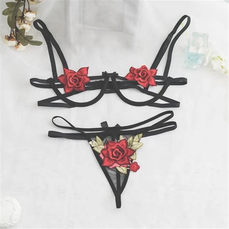 Embroidery Flower Sexy Underwear Open Breasts Crotch Panties Set Women Sex Bra Crotchless Thong