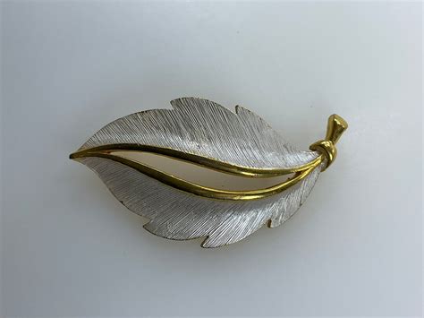 Vintage Jj Pin Brooch Gold Toned Leaf Design With Silver Enamel Used Etsy