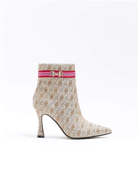 Beige Ri Monogram Heeled Ankle Boots River Island