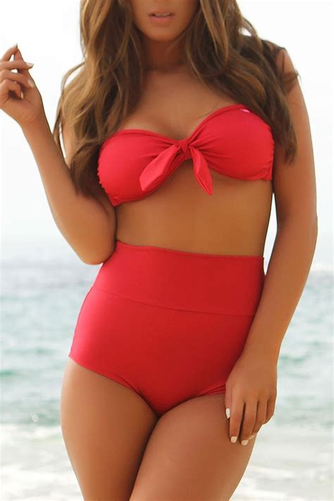 Malibu Highwaisted Shorts Red Bandeau Bikini Top Bikinis Swimsuits