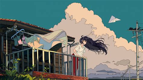 Anime Anime Girls Clouds Paper Planes Balcony Artwork Cogecha Wallpaper
