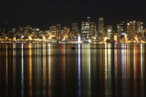 Seattle Skyline Night Reflecting Lake Washington Stock Photos Free