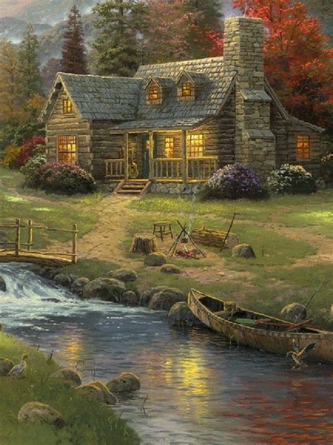 Beautiful Painting Of A Cabin Thomas Kinkade Art Landscape Paintings
