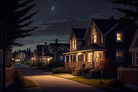 Nighttime View Of Residential Neighborhood With The Lights And Sounds