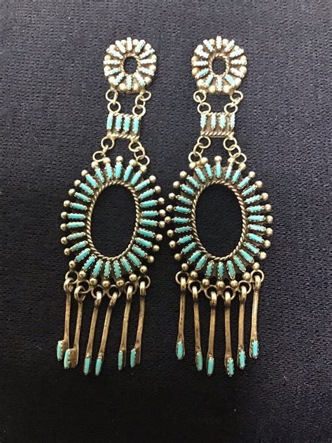 Vintage Zuni Sterling Silver Needlepoint Turquoise Pierced Earring Set