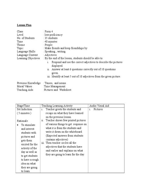 Weekly lesson plan template by compe sn:13096881. Lesson Plan Form 4 | Lesson Plan | Learning