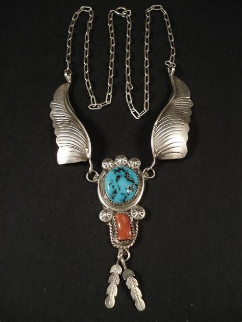 VINTAGE Navajo OLD KINGMAN TURQUOISE CORAL Silver Necklace Old