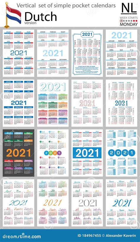 Dutch Vertical Pocket Calendar For 2021 Stock Vector Illustration Of