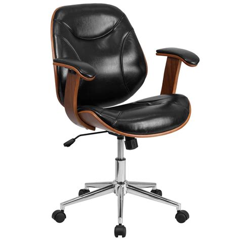 Mid Back Black Leathersoft Executive Ergonomic Wood Swivel Office Chair