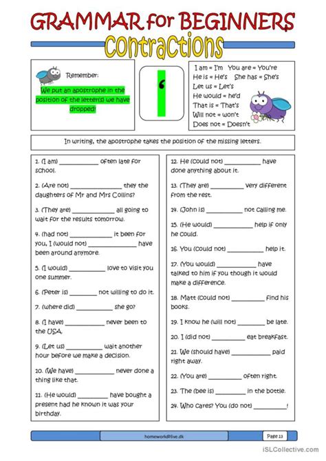 Grammar For Beginners Contractions English Esl Worksheets Pdf And Doc