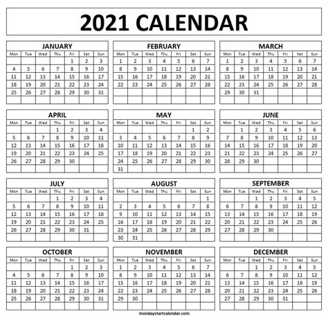 Printable Calendar 2021 Starting Monday A4 Calendar Template 2021