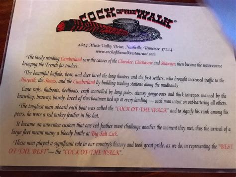 menu at cock of the walk restaurant nashville music valley dr