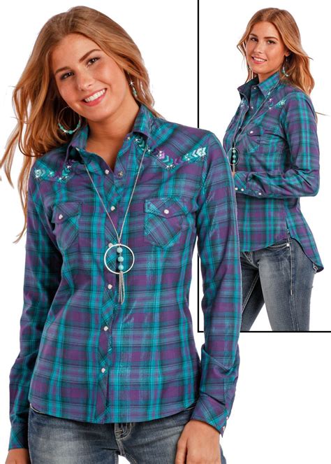 Panhandle Slim Womens Bluepurple Plaid Embroidered Snap Up Western Shirt J2s9317 Long Sleeve