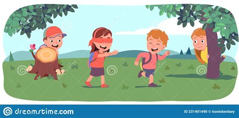 Boys Girls Kids Playing Hide And Seek On Lawn Stock Vector