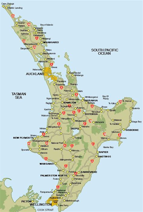A Map With All The Locations And Major Cities In New Zealands North Island